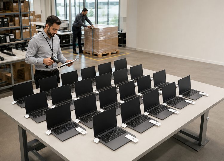 Rows of returned laptops laid out on a table in the Rentla warehouse, each one being checked and tagged before it goes out again.